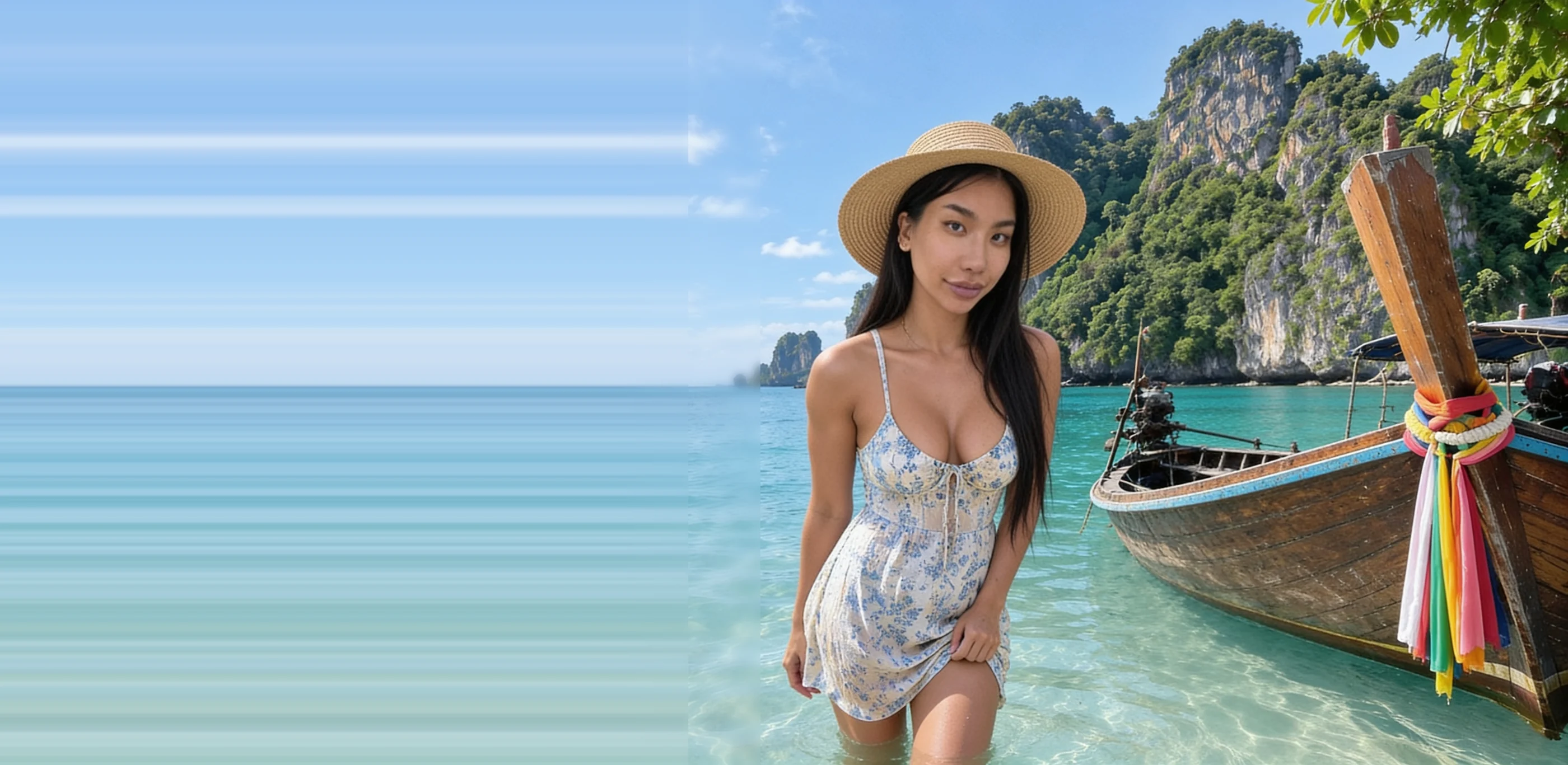 Miya beside a traditional longtail boat in a Thai limestone bay